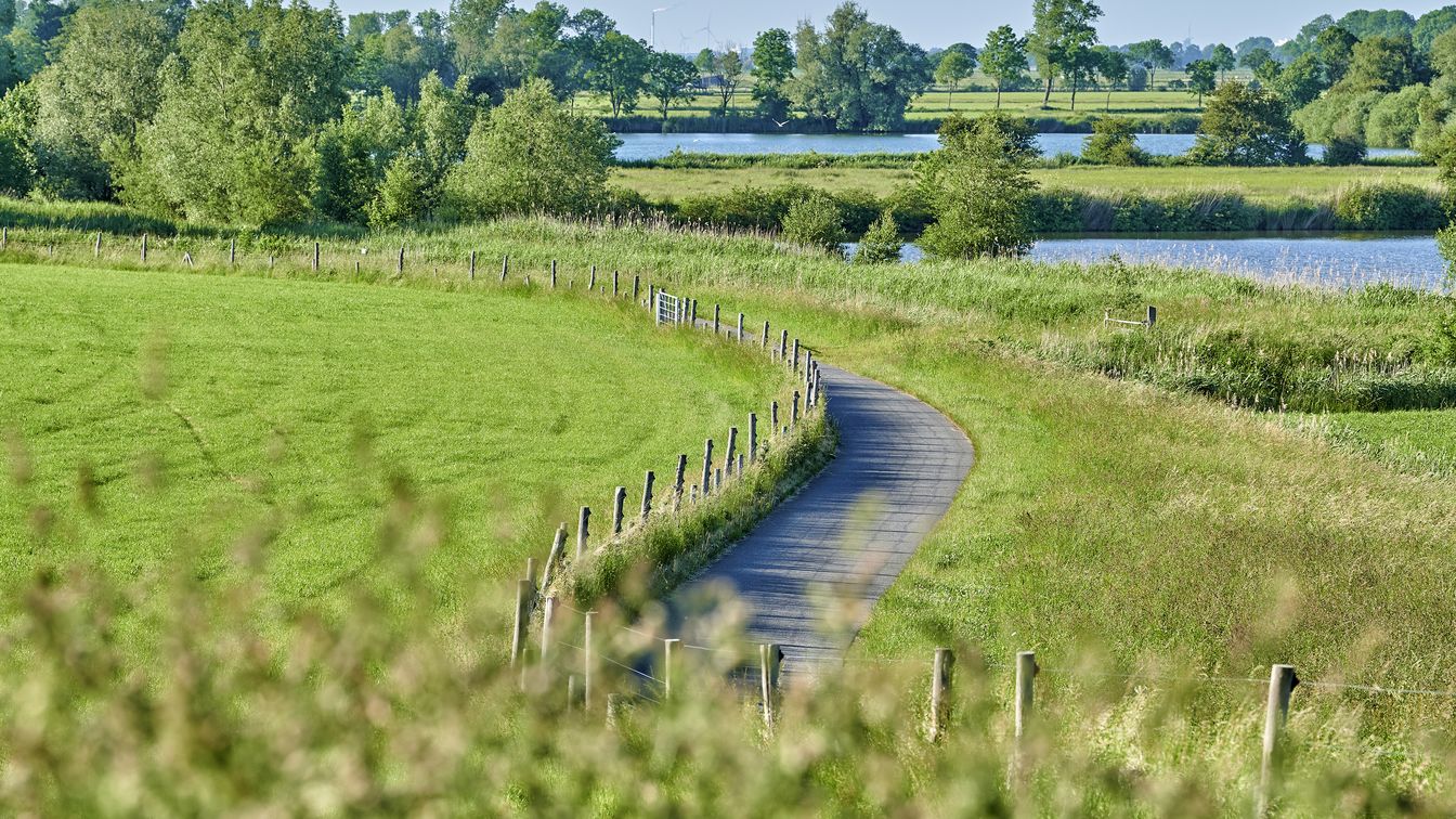 Der Blick führt von oben auf einen geteerten Radweg in Sandstedt, der durch eine grüne Wiesenlandschaft mit Blick auf den Fluss führt.